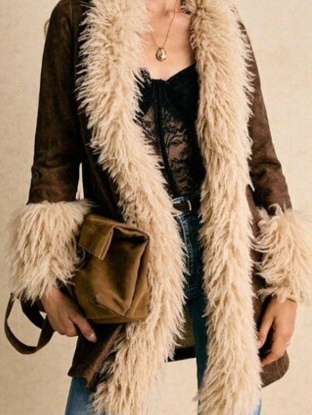 Brown Boho Penny Lane Coat Women's  Shaggy Faux Fur Mid-Length Jacket